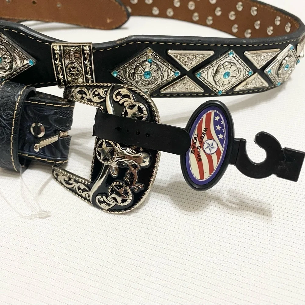 West Star Texas Men’s Western Black Tooled Leather Silver Concho Belt XXL